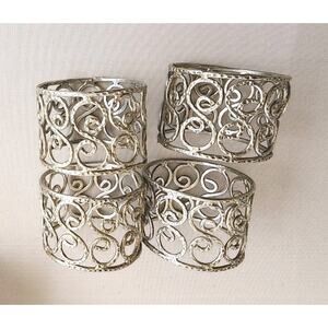 Set of 4 Hammered Silver Plated Filigree Metal Napkin Rings VTG 90s Holiday Glam